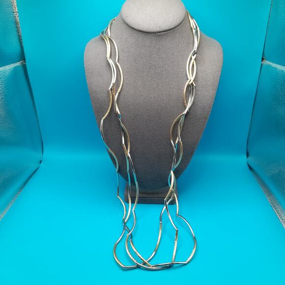 Chico's Gold Silver Tone Curved Bead Necklace, 38", Three Strands - Picture 5 of 12